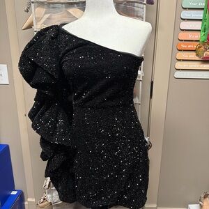 Club L London Black One-Shoulder Sequin Ruffle Mini Dress